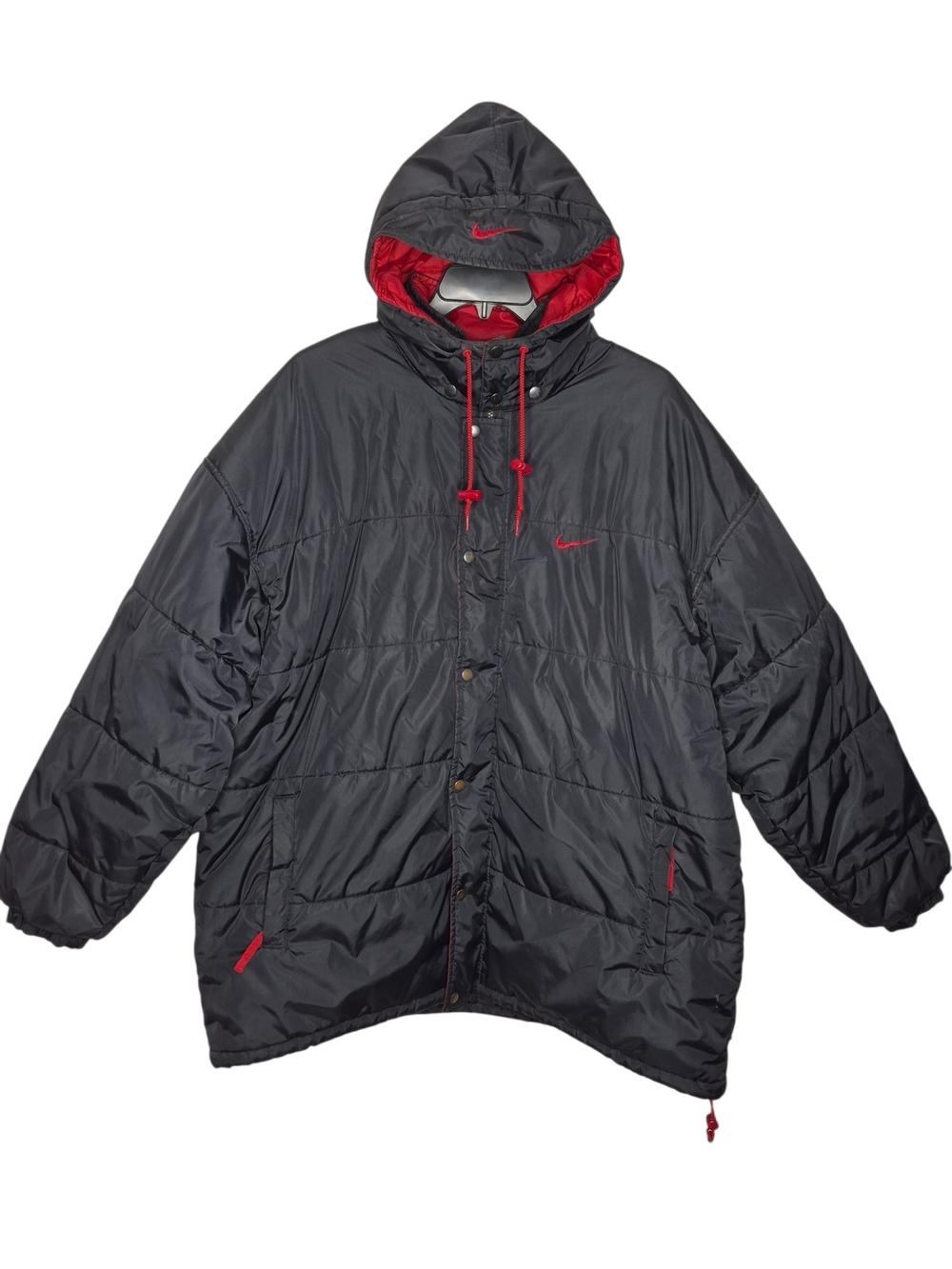 Vintage 90s Nike Hooded Puffer Parka Jacket Black Red Mens XL 29x34